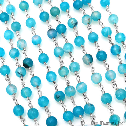 Sky Blue Jade 6mm Silver Plated Wire Wrapped Rosary Chain