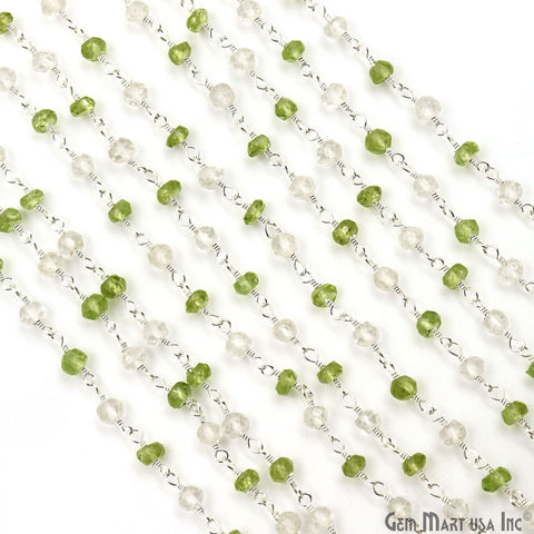 Peridot & Crystal Faceted Beads 3-3.5mm Silver Plated Gemstone Rosary Chain