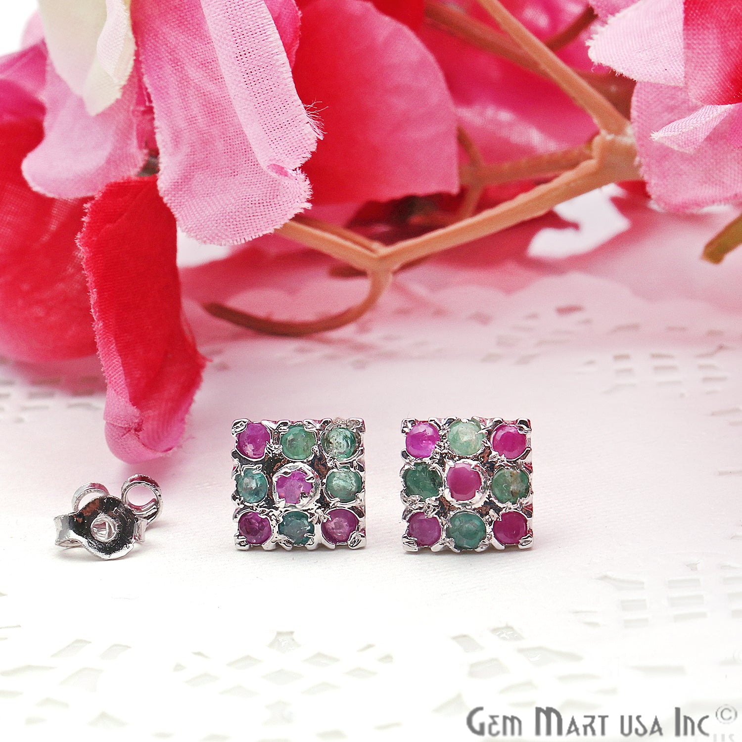 Emerald With Ruby 10mm Sterling Silver Square Shape Stud Earring - GemMartUSA