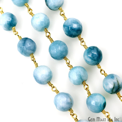 Shaded Turquoise Faceted Beads 10mm Gold Plated Wire Wrapped Rosary Chain