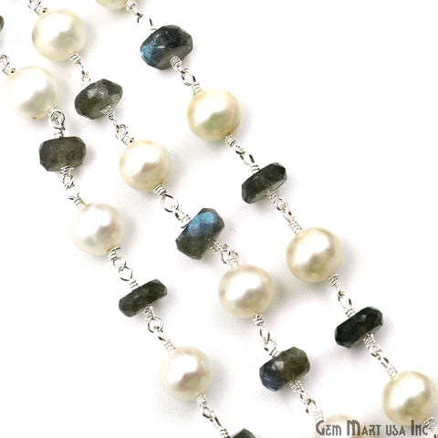 Labradorite & Pearl 7-8mm Faceted Beads Silver Plated Wire Wrapped Rosary Chain