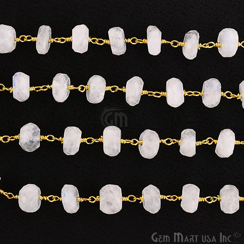 Rainbow moonstone 7-8mm Beads Chain, Gold Plated Wire Wrapped Rosary Chain - GemMartUSA (763792916527)
