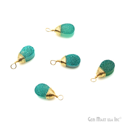 Titanium Green Druzy Pears 8x12mm Gold Wire Wrapped Single Bail Connector
