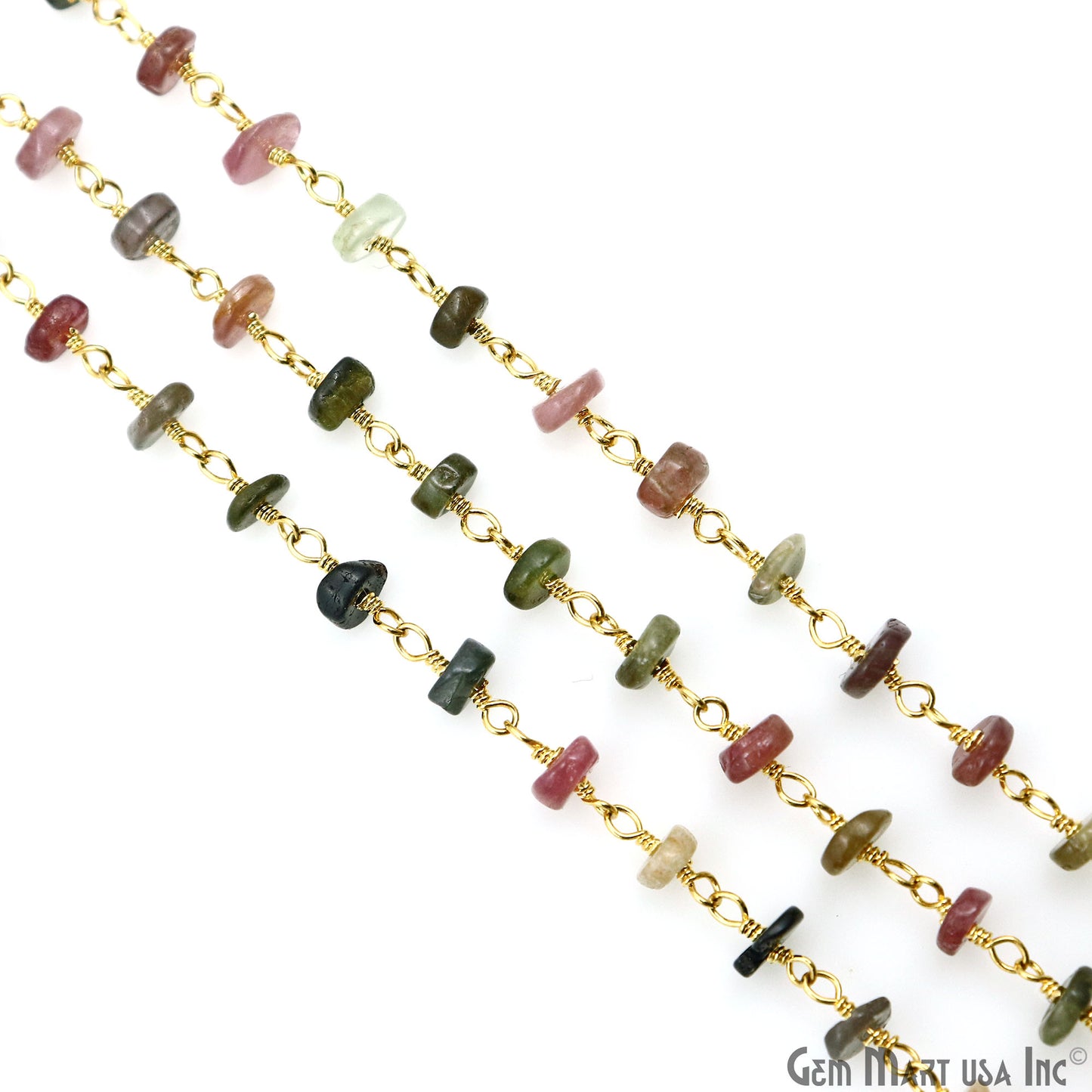 Multi Tourmaline Cabochon 4-5mm Gold Wire Wrapped Rosary Chain