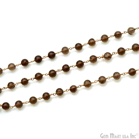 Smoky Topaz 5-6mm Gold Plated Round Cabochon Beads Rosary Chain