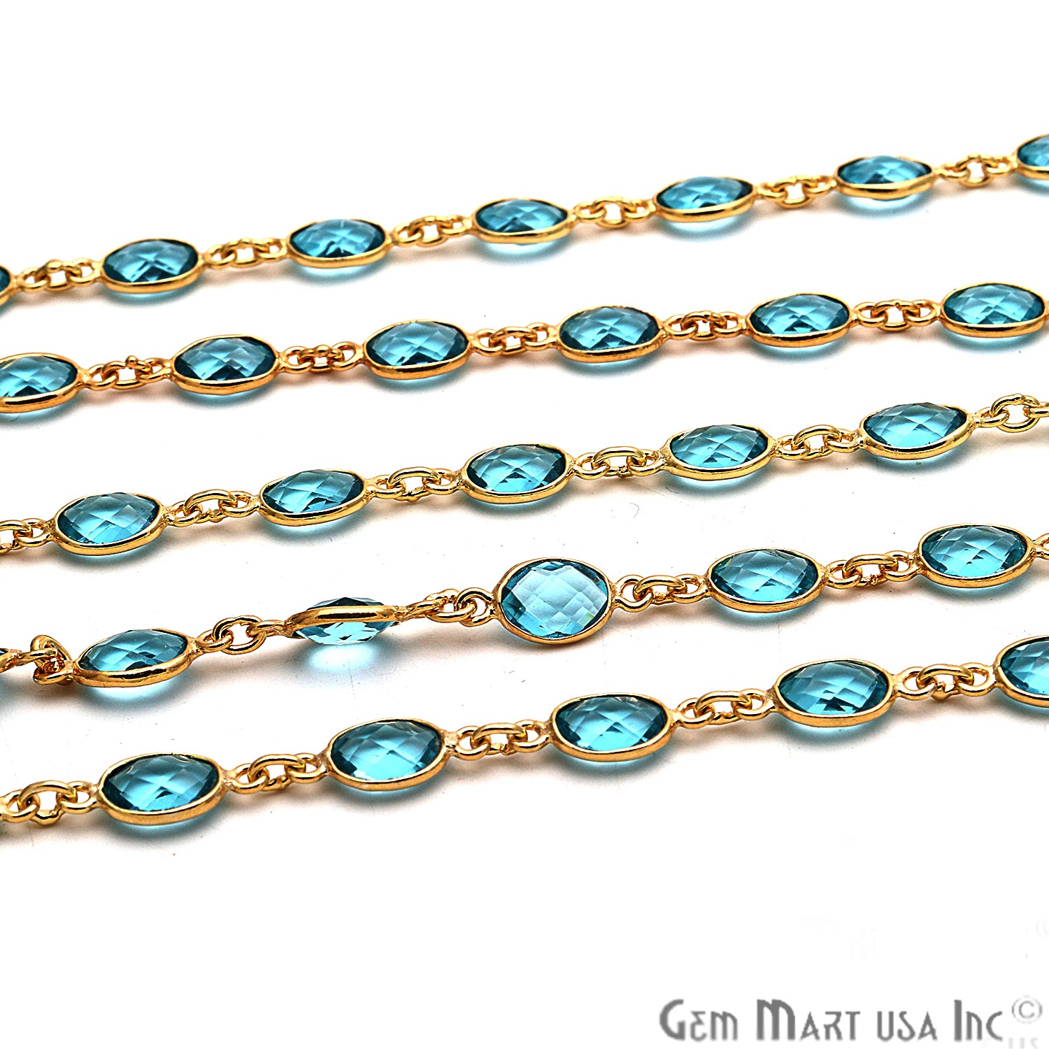 Blue Topaz 7x5mm Oval Bezel Link Gold Plated Continuous Connector Chain - GemMartUSA