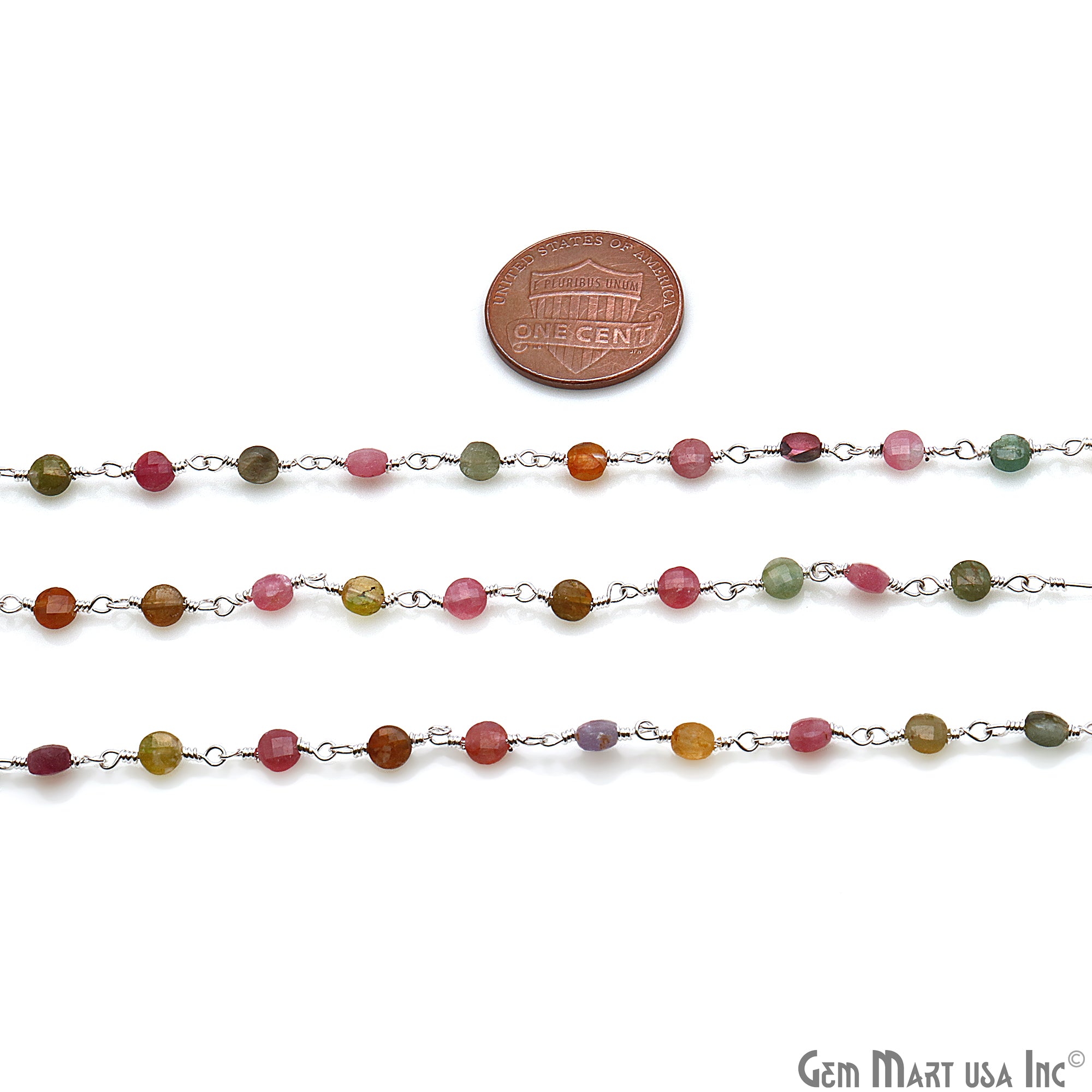 Multi Tourmaline Faceted 3-4mm Silver Wire Wrapped Rosary Chain - GemMartUSA