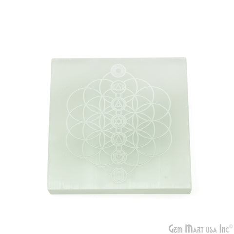 Selenite Rectangle Plate Shape 67x65mm Engraved Chakra Symbols Reiki Healing Meditation Gemstones
