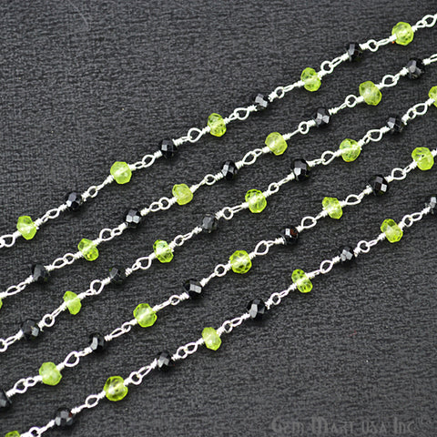 Black Spinel With Peridot Silver Plated Beads Rosary Chain