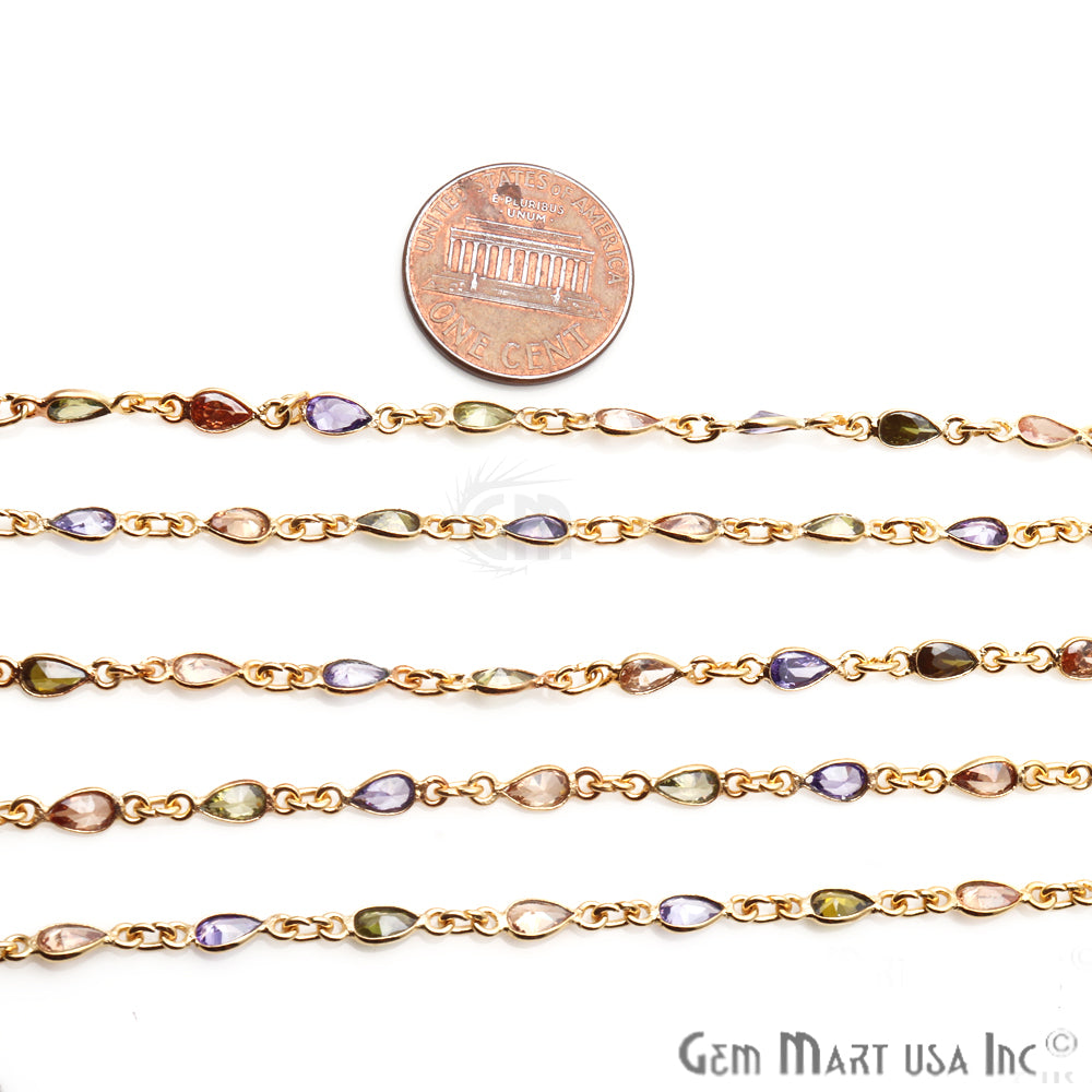 Multi Color Zircon 6x4mm Pear Shape Gold Plated Continuous Connector Chain - GemMartUSA