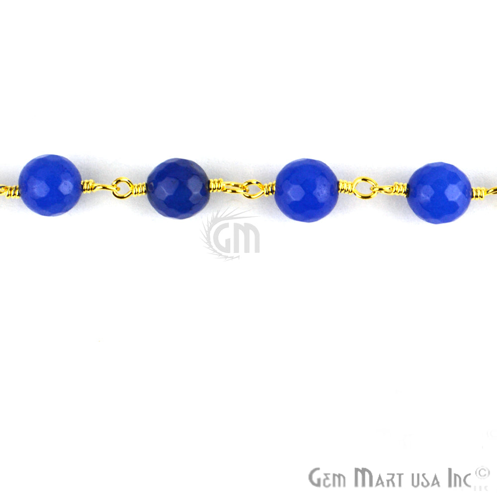Blue Jade 8mm Beads Gold Plated Wire Wrapped Rosary Chain - GemMartUSA (762910638127)
