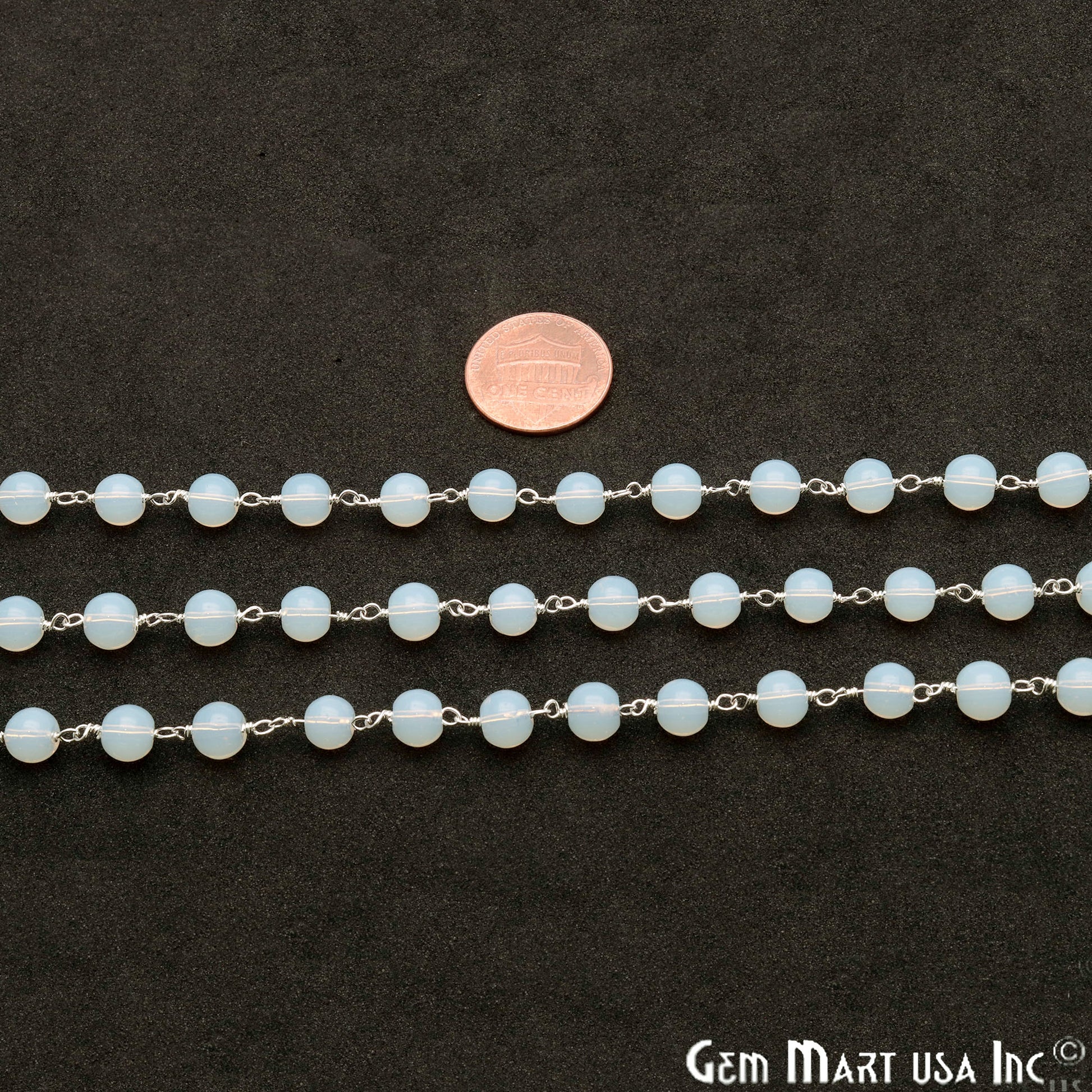 Opalite Jade Smooth Beads 6mm Silver Plated Wire Wrapped Rosary Chain - GemMartUSA