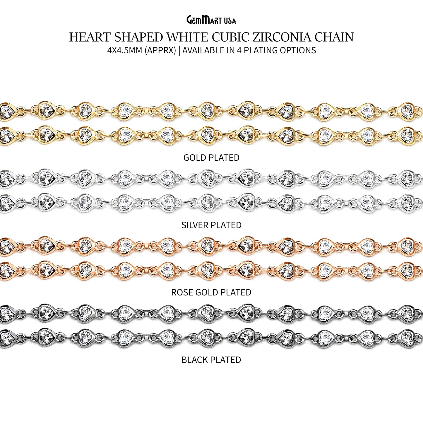 White Zircon Heart Shape 4-4.5mm Gold Plated Continuous Connector Chain