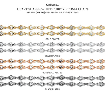 White Zircon Heart Shape 4-4.5mm Gold Plated Continuous Connector Chain