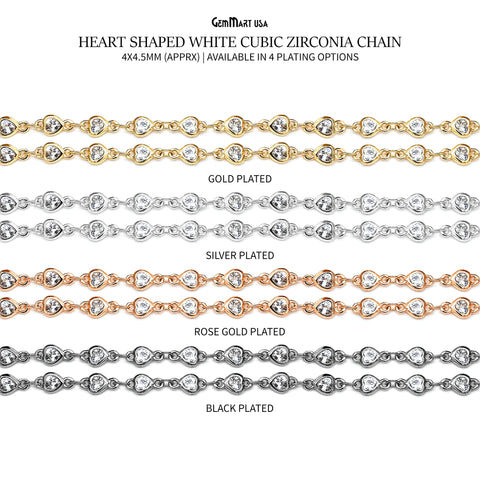 White Zircon Heart Shape 4-4.5mm Silver Plated Continuous Connector Chain