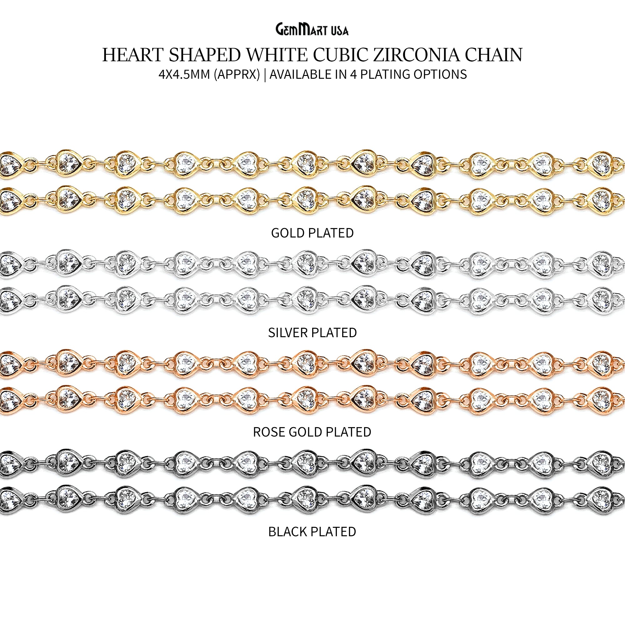White Zircon Heart Shape 4-4.5mm Rose Gold Plated Continuous Connector Chain