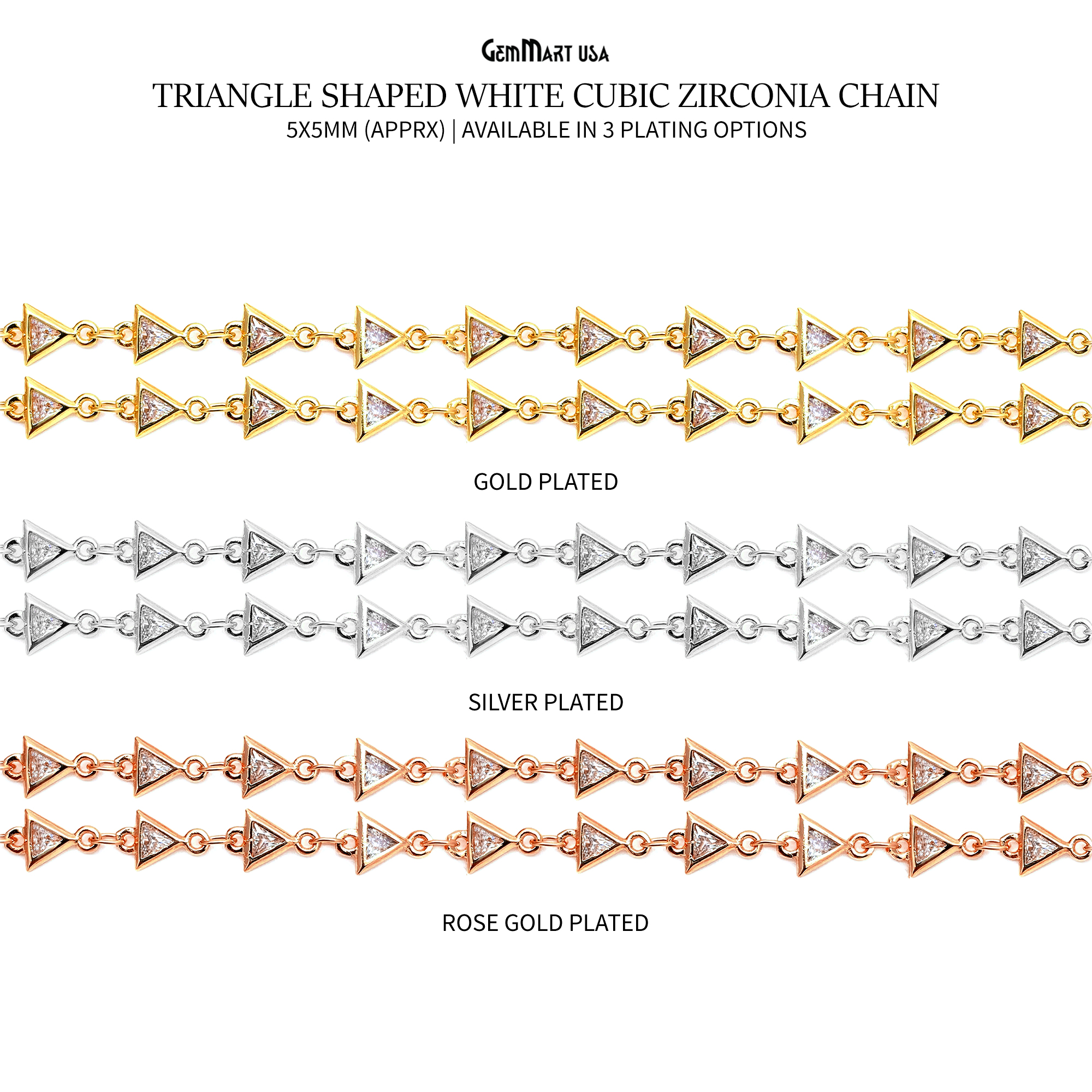 White Zircon TriAngel Shape 5x5mm Rose Gold Plated Continuous Connector Chain