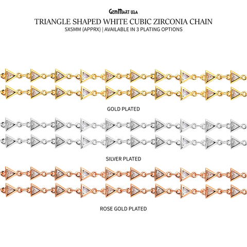 White Zircon TriAngel Shape 5x5mm Gold Plated Continuous Connector Chain