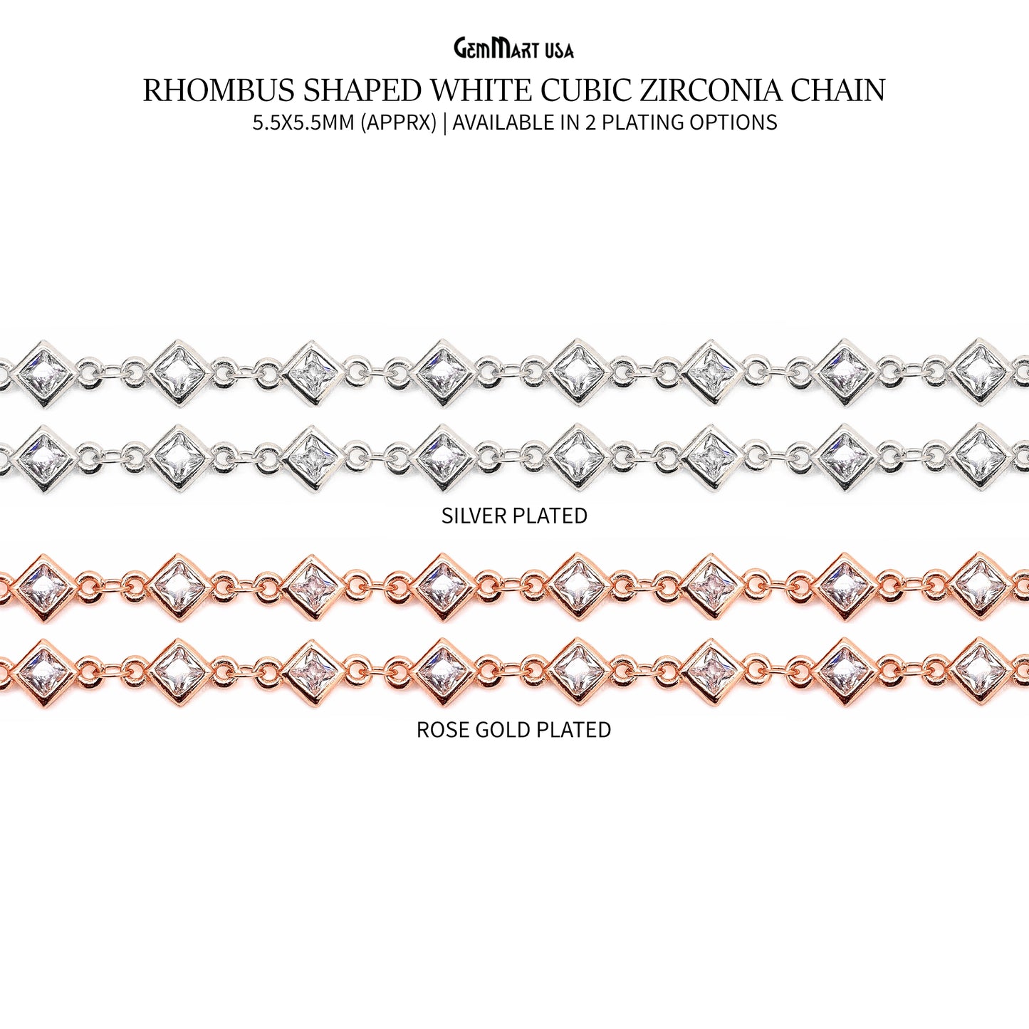 White Zircon Rhombus Shape 5.5mm Rose Gold Plated Continuous Connector Chain