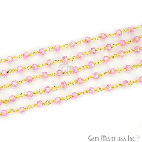 Pink Zircon Faceted 2.5-3mm Gold Plated Wire Wrapped Beads Rosary Chain (763649523759)