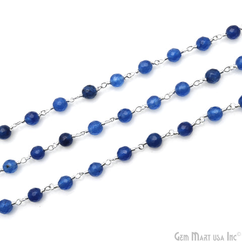 Blue Jade Faceted 6mm Silver Wire Wrapped Rosary Chain
