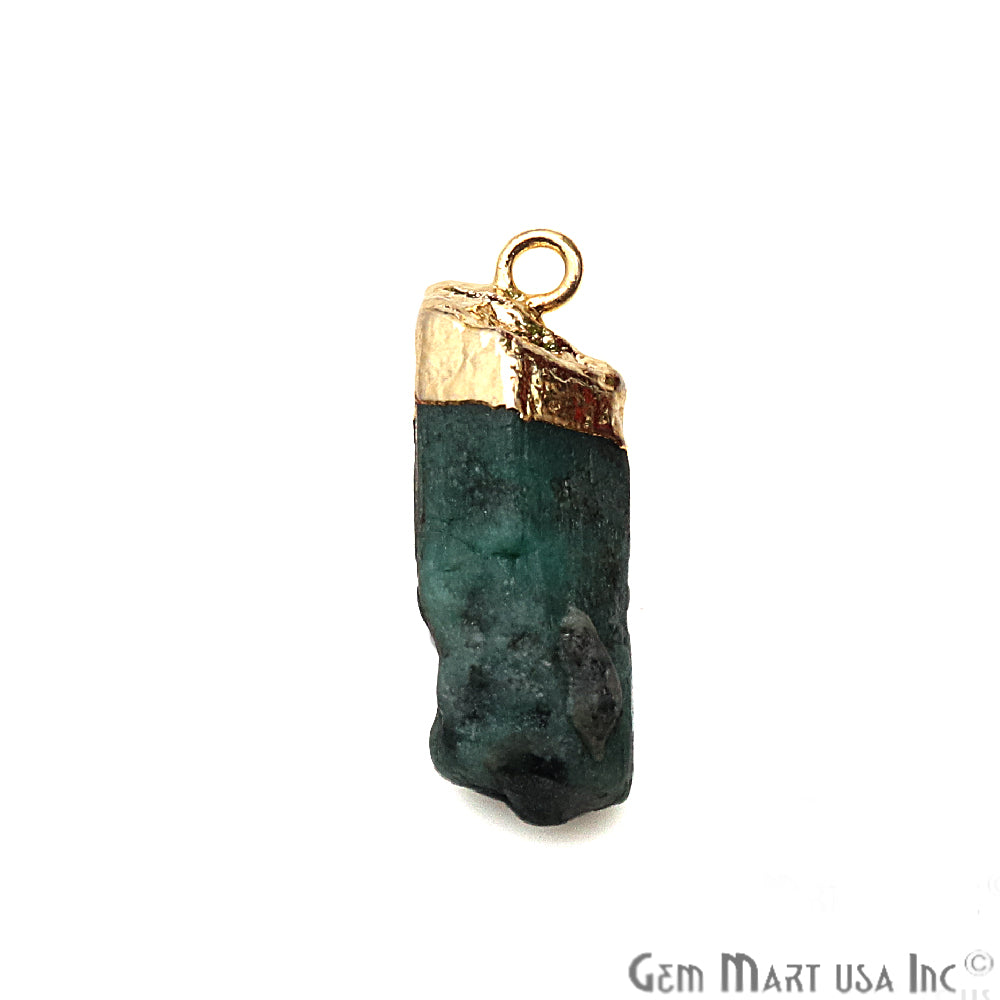 Rough Emerald Gemstone 25x9mm Organic Gold Edged Single Bail Connector Charm - GemMartUSA