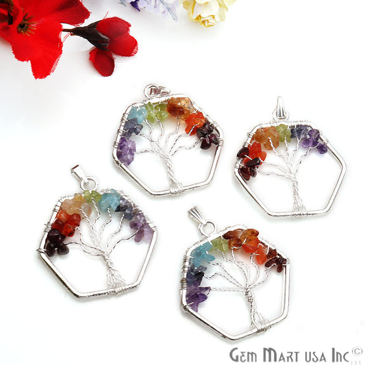 Multi Color Tree Of Life 42x37mm Silver Wire Wrapped Hexagon Shape Pendant - GemMartUSA