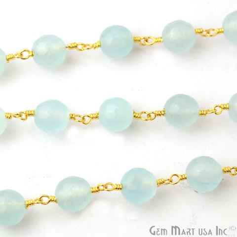 Aqua Jade Faceted Beads Gold Plated Wire Wrapped Rosary Chain - GemMartUSA