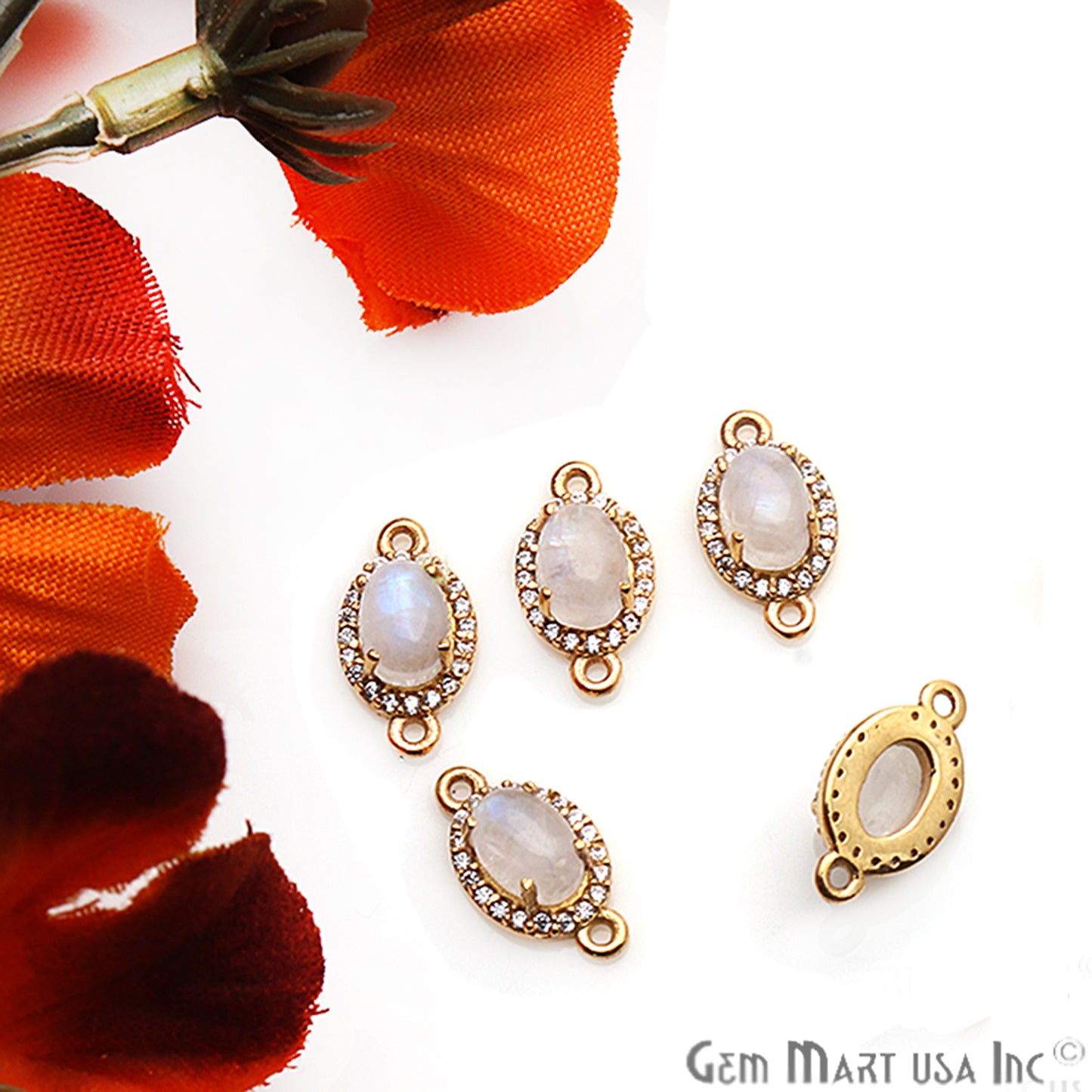 Rainbow Moonstone Cabochon & Cubic Zirconia 7x5mm Oval Gold Plated Double Bail Connector - GemmartUSA