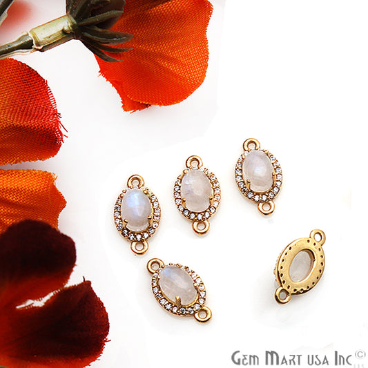 Rainbow Moonstone Cabochon & Cubic Zirconia 7x5mm Oval Gold Plated Double Bail Connector - GemmartUSA