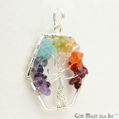 Tree of Life Multi Color Silver Wire Wrapped 42mm Chakra Pendant - GemMartUSA