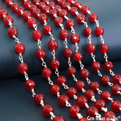 Red jade Faceted Beads 8mm Silver Wire Wrapped Rosary Chain