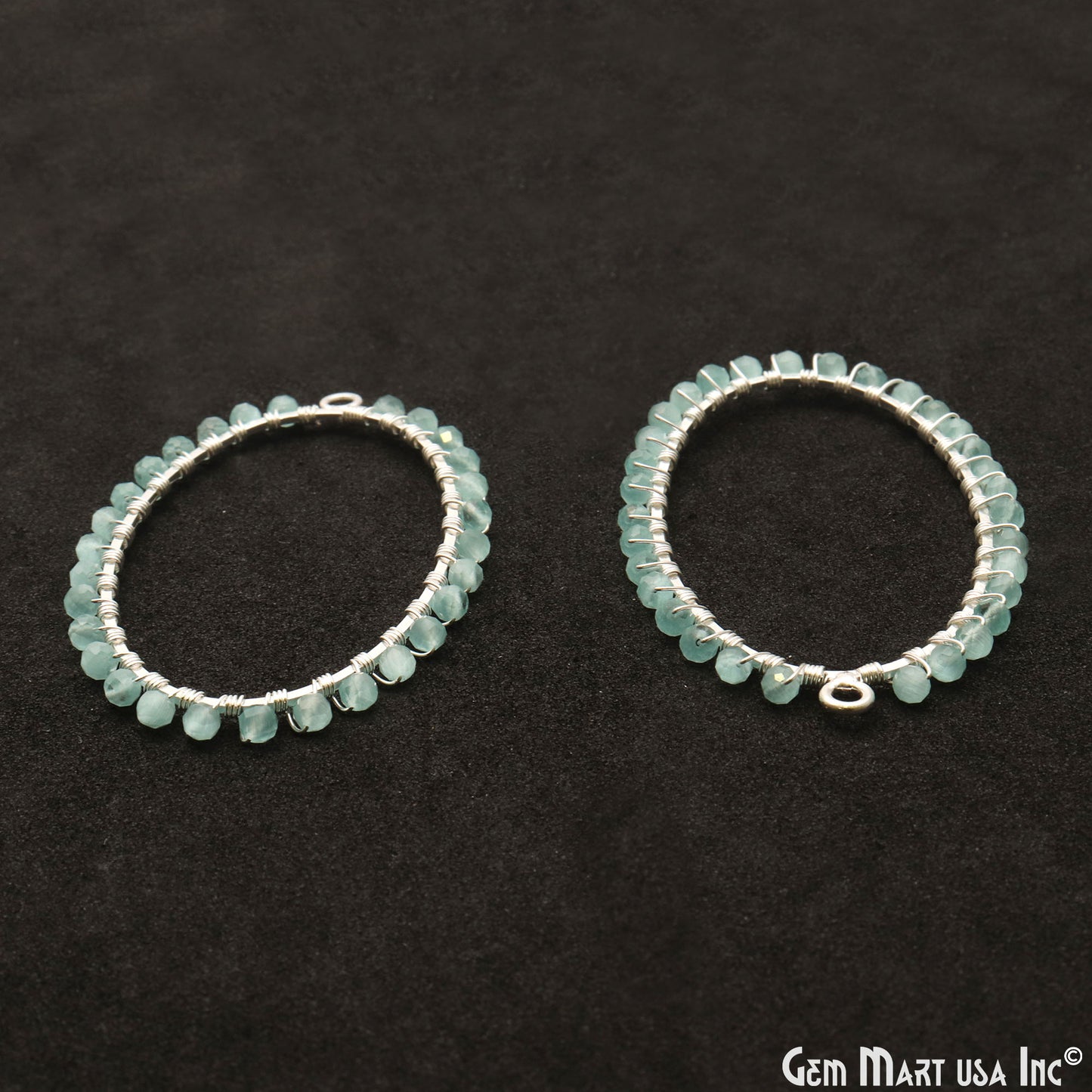 Aqua Chalcedony Oval Shape 52x35mm Silver Triple Wire Wrapped Beads Hoop Connector