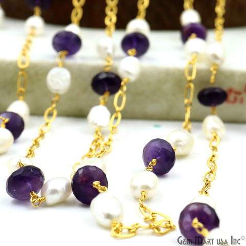 Amethyst & Pearl Round Beads Gold Plated Finding Rosary Chain
