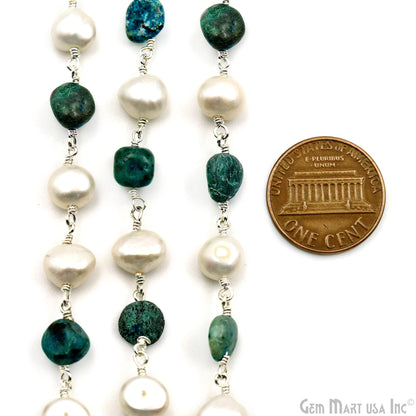 Chrysocolla Tumble Beads 8x5mm & Pearl 7-8mm Beads Silver Plated Rosary Chain