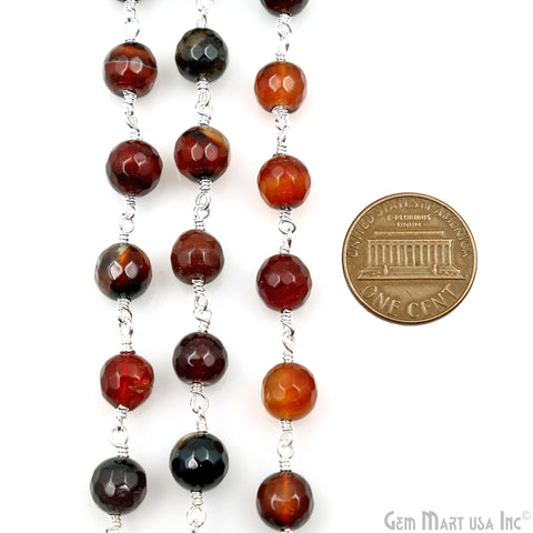 Dark Carnelian jade Faceted Beads 8mm Silver Wire Wrapped Rosary Chain