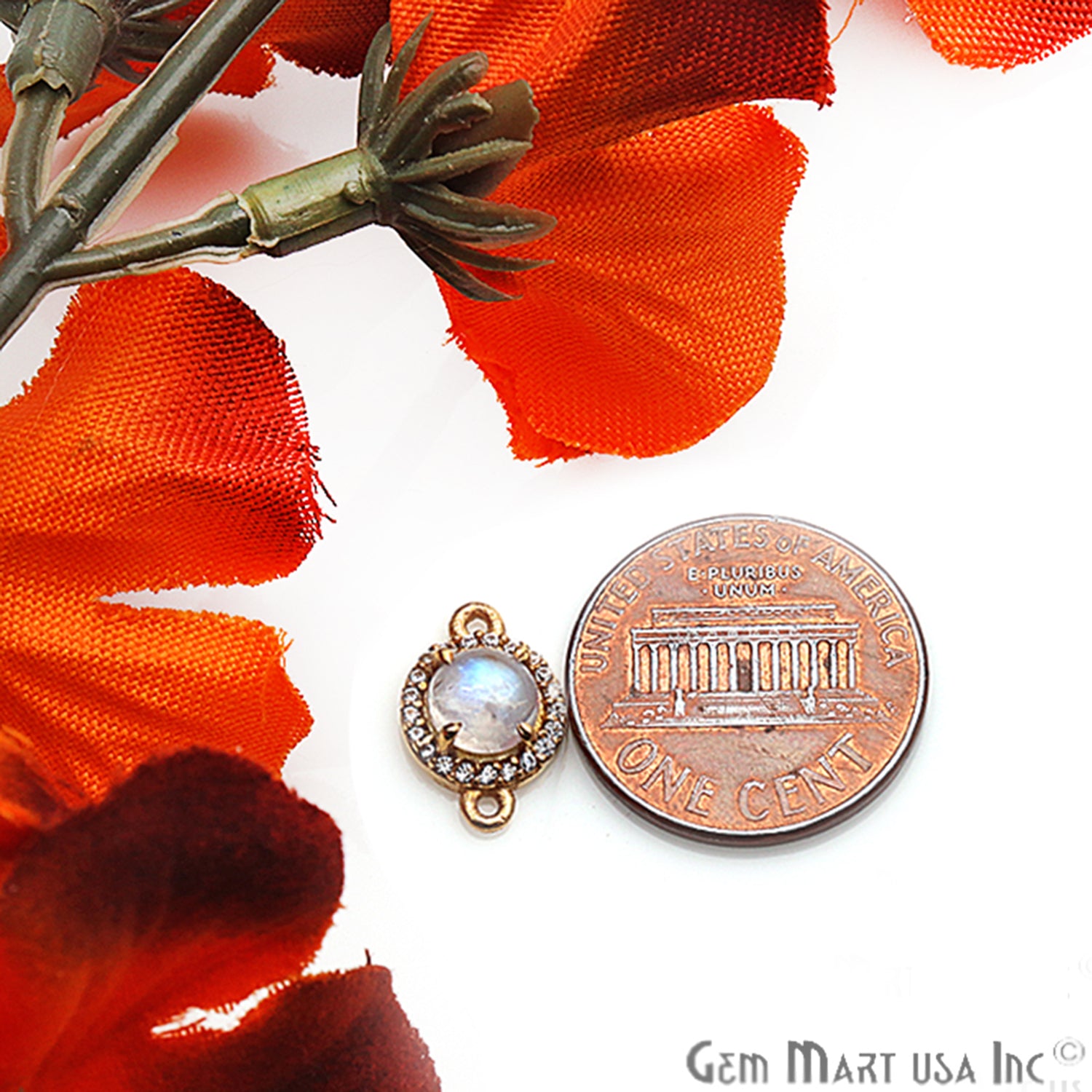 Rainbow Moonstone Cabochon & Cubic Zirconia 6mm Round Gold Plated Double Bail Connector - GemMartUSA