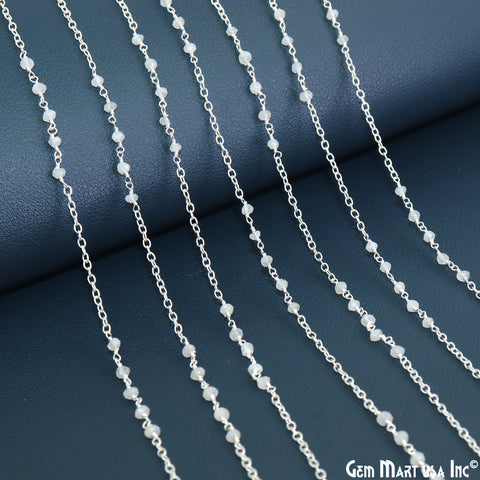 Rainbow Moonstone Faceted Beads 3-3.5mm Gemstone Beaded Silver Plated Wire Wrapped Rosary Chain