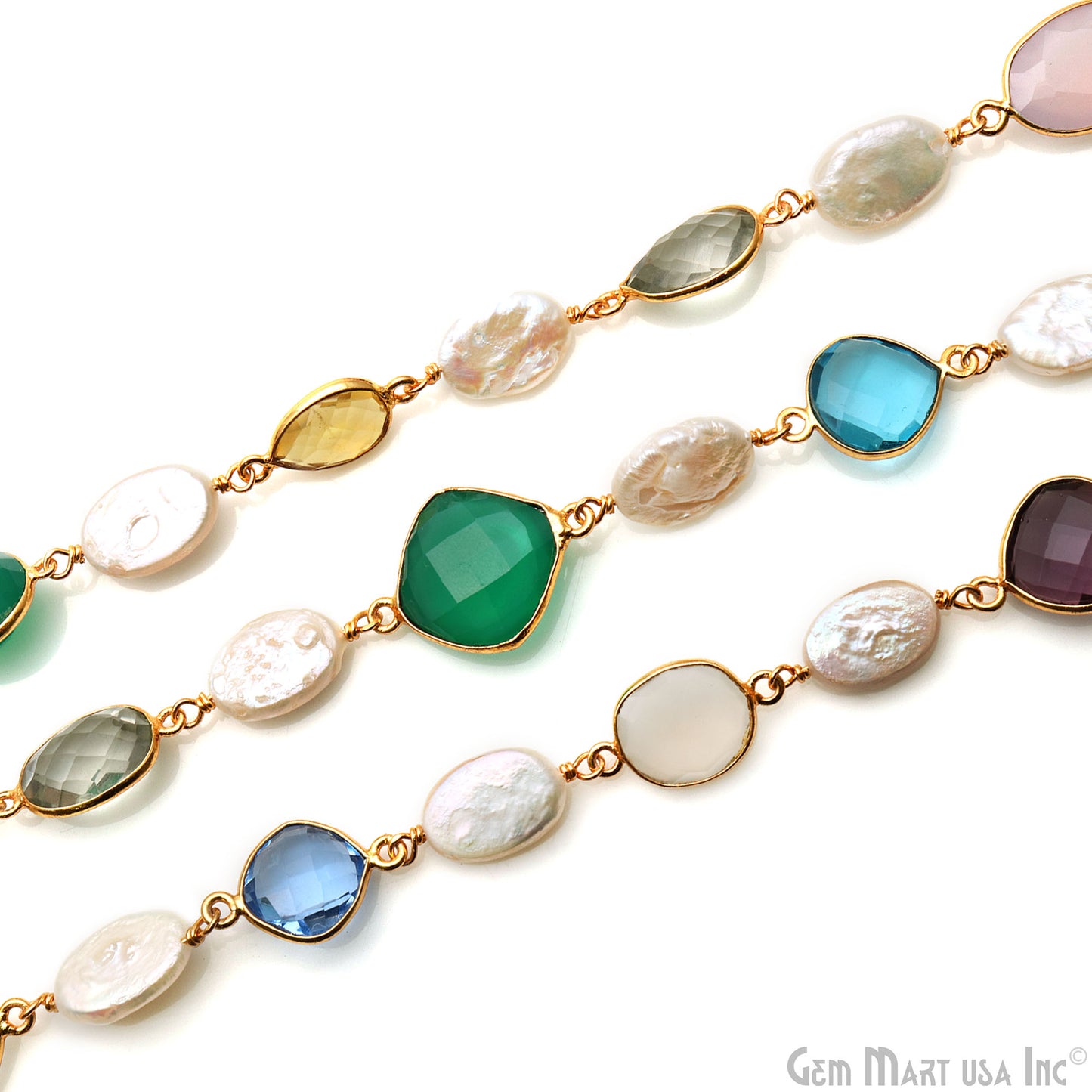 Multi-Color & Mix Shape Gemstone With Oval Pearl Beads 10-15mm Gold Plated Bezel Faceted Continuous Connector Chains