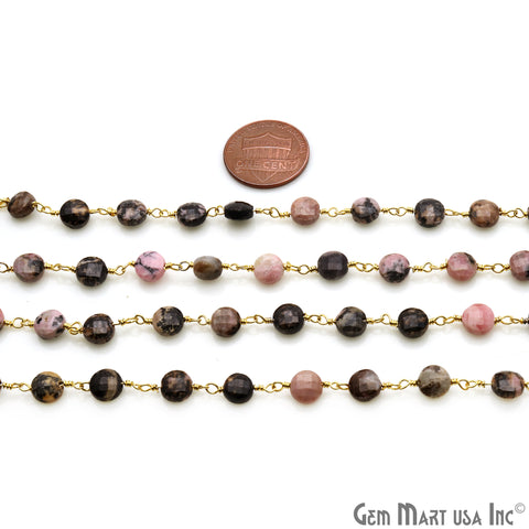 Rhodonite Coin Faceted 6mm Gold Wire Wrapped Rosary Chain - GemMartUSA