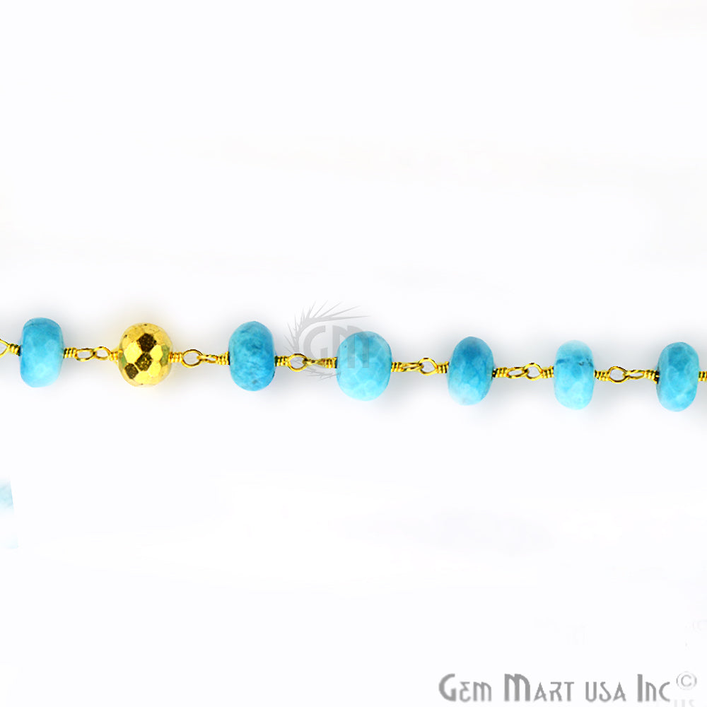Turquoise With Golden Pyrite 6-7mm Gold Plated Wire Wrapped Rosary Chain - GemMartUSA (764056928303)