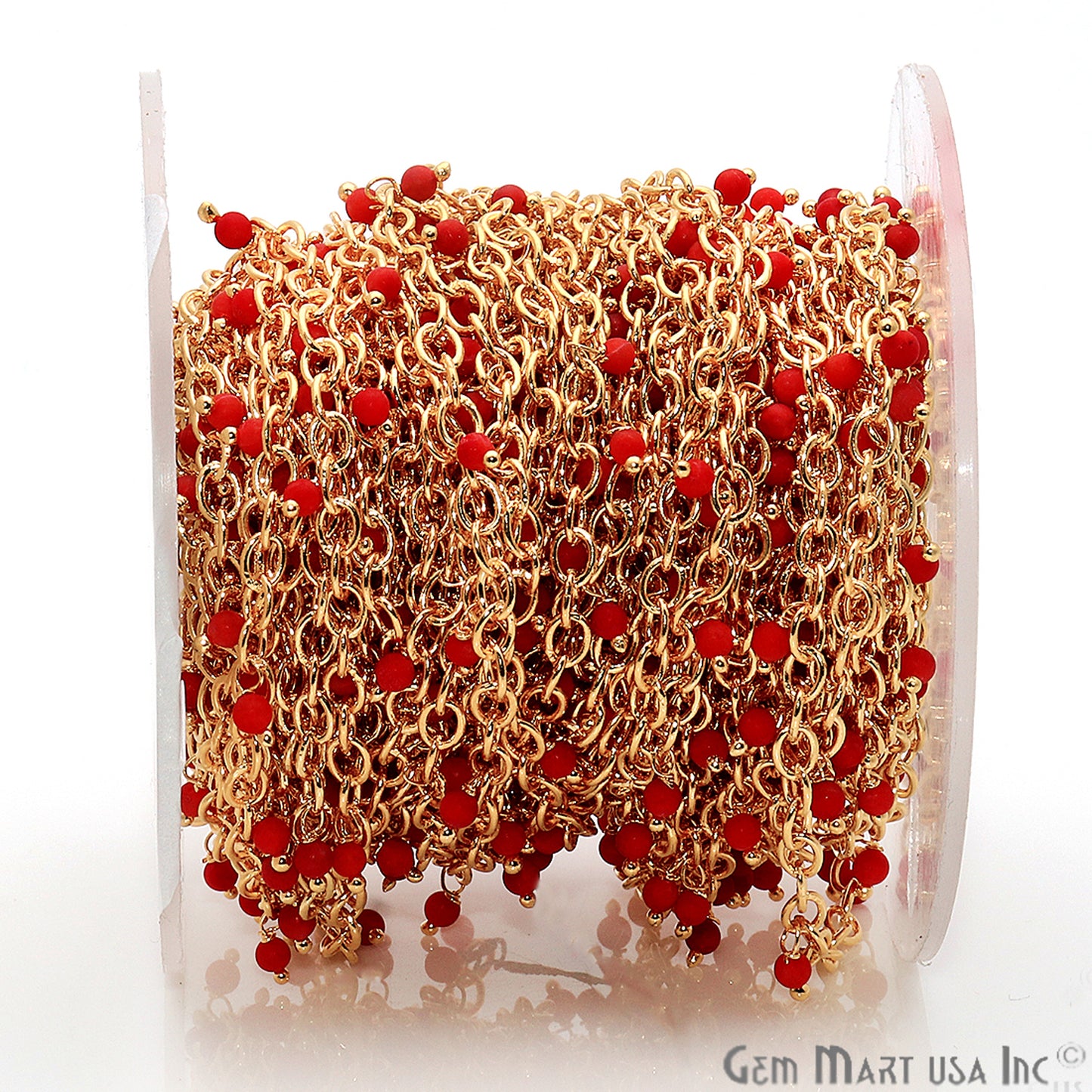 Red Coral Faceted Beads Gold Wire Wrapped Cluster Rosary Chain - GemMartUSA