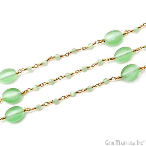 Green Monalisa 10x7mm Smooth Tumble Beads & 2.5-3mm Round Beads Gold Plated Rosary
