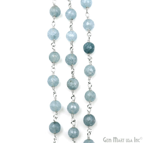 Gray Jade 6mm Faceted Beads Silver Wire Wrapped Rosary Chain