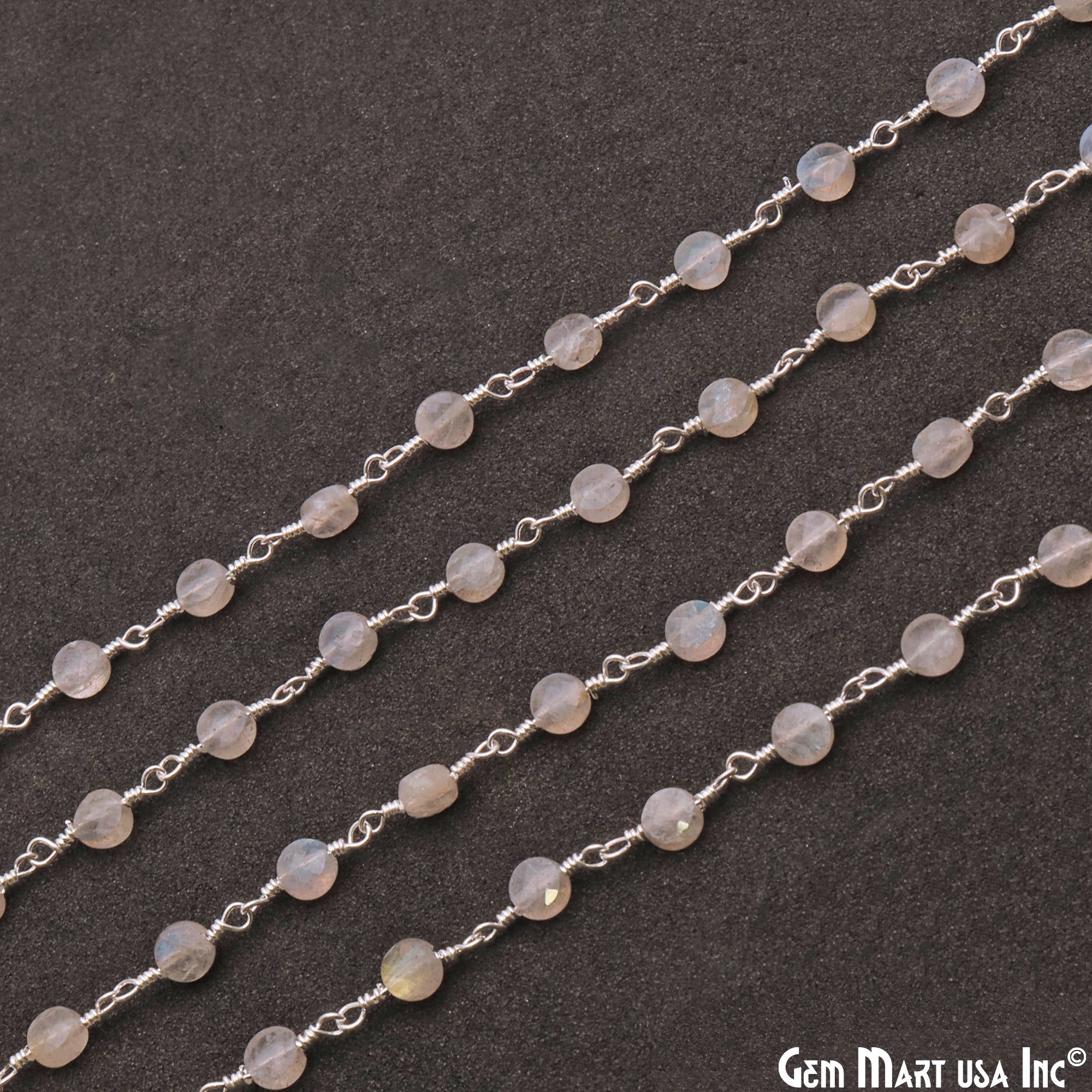 Labradorite Faceted 3-4mm Silver Wire Wrapped Rosary Chain - GemMartUSA
