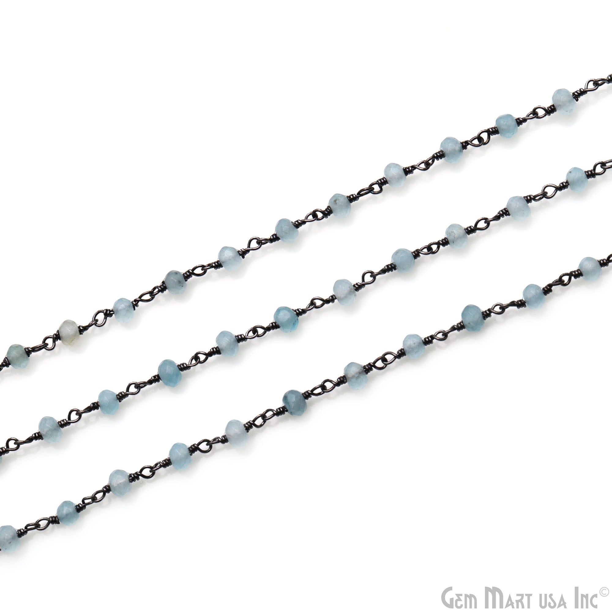 Aqua Jade 4mm Faceted Beads Oxidized Wire Wrapped Rosary Chain