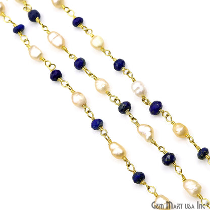 Lapis & Pearl Gold Plated Wire Wrapped Rosary Chain