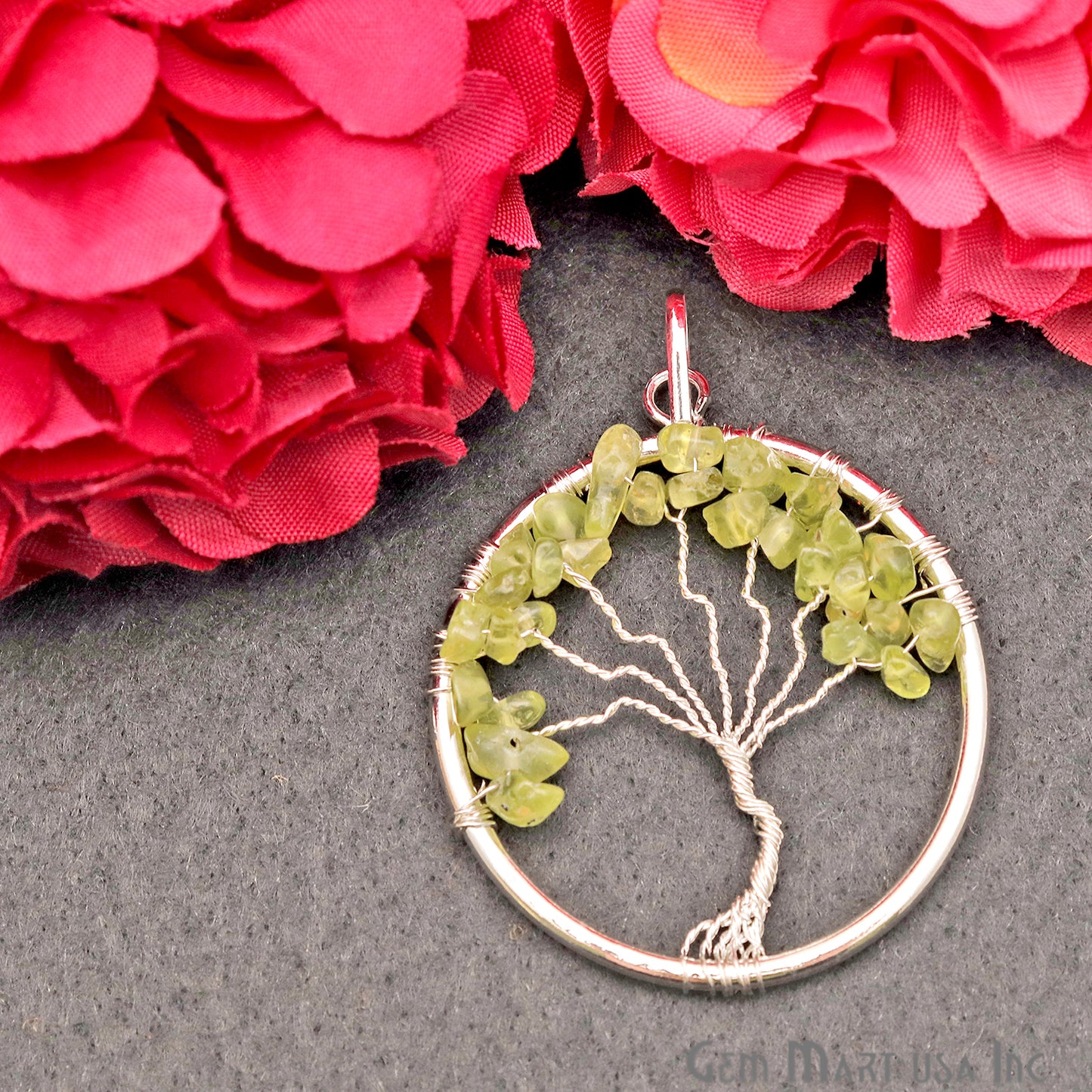 Tree of Life Peridot Silver Wire Wrapped 44x39mm Gemstone Healing Pendant - GemMartUSA