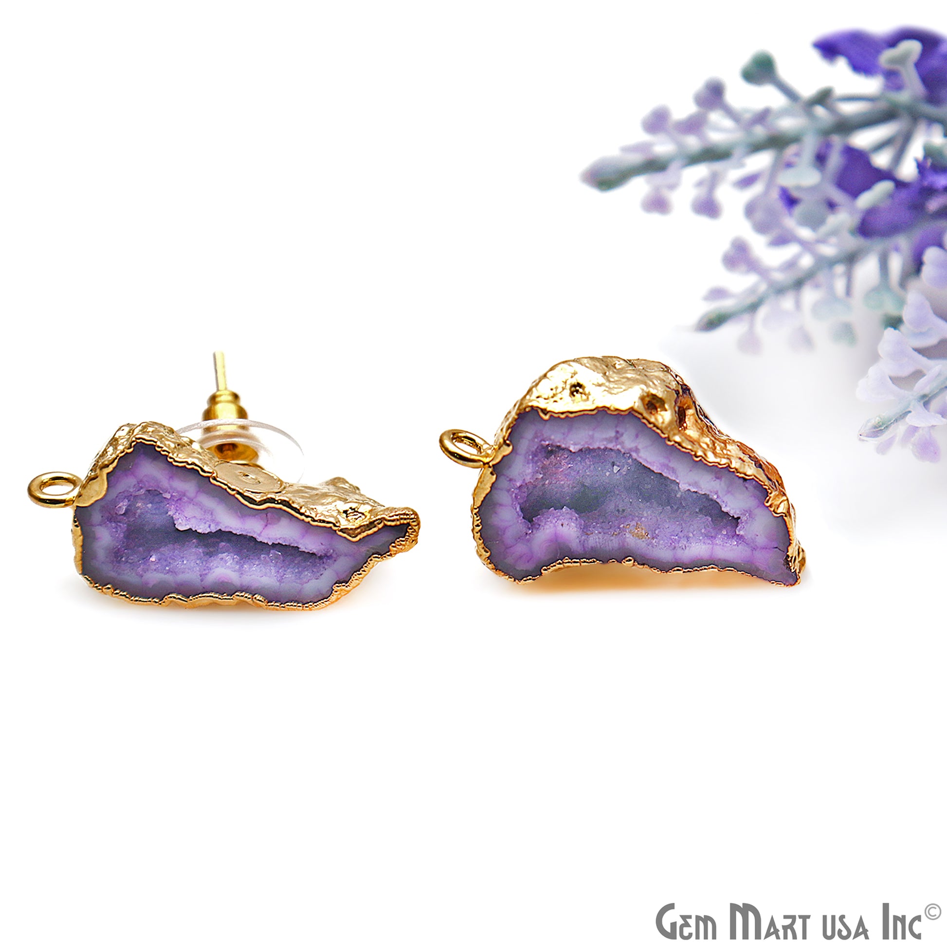 DIY Agate Slice Geode Druzy 28x19mm Gold Electroplated Loop Connector Studs Earrings - GemMartUSA