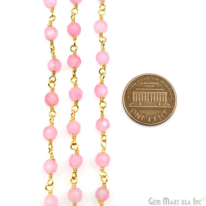 Light Pink Jade Beads 4mm Gold Plated Wire Wrapped Rosary Chain